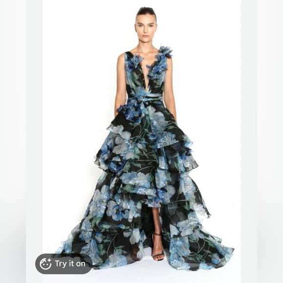 Marchesa Dresses & Skirts - MARCHESA COUTURE- Blue Floral Tiered V-Neck Evening Dress
